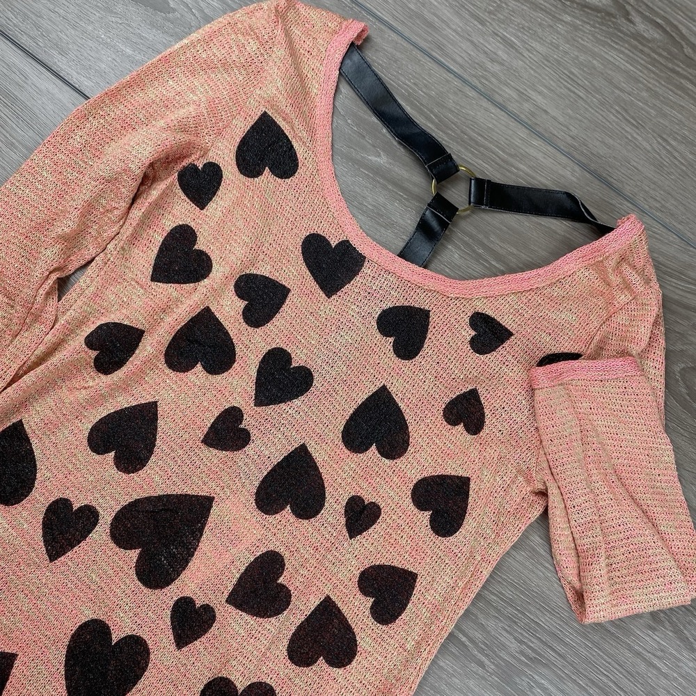 Hot Topic Women's 3/4 Sleeve Sweater‎ Pink Black Hearts Large New